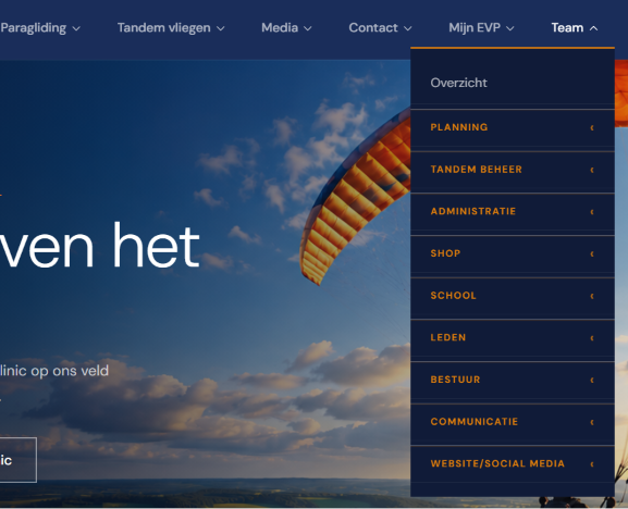 Menu Team na inloggen